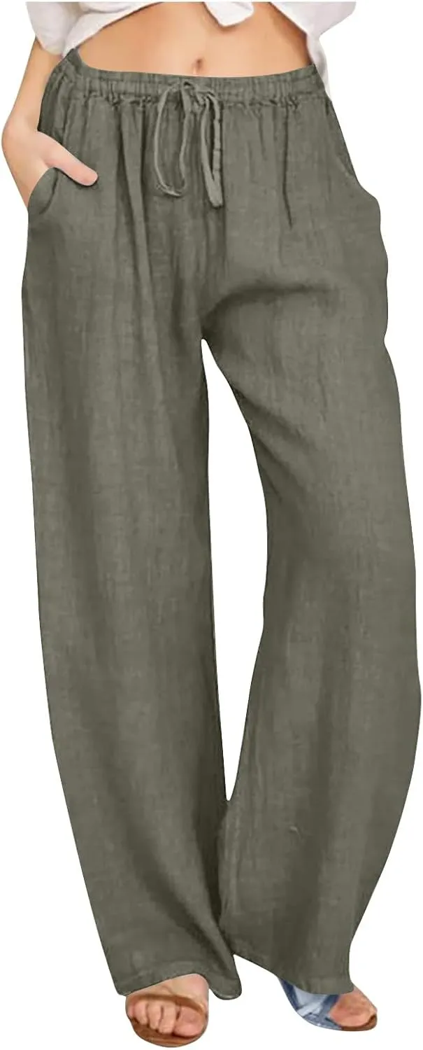 2 Pack Womens Cotton Linen Pants Casual Summer Wide Leg Elastic Waist Trousers Beach Comfy Lounge Slacks with Pockets