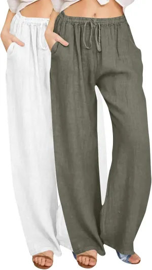 2 Pack Womens Cotton Linen Pants Casual Summer Wide Leg Elastic Waist Trousers Beach Comfy Lounge Slacks with Pockets