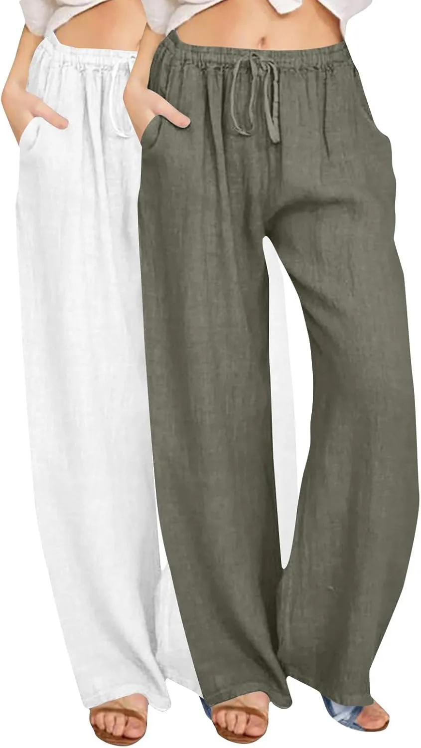 2 Pack Womens Cotton Linen Pants Casual Summer Wide Leg Elastic Waist Trousers Beach Comfy Lounge Slacks with Pockets