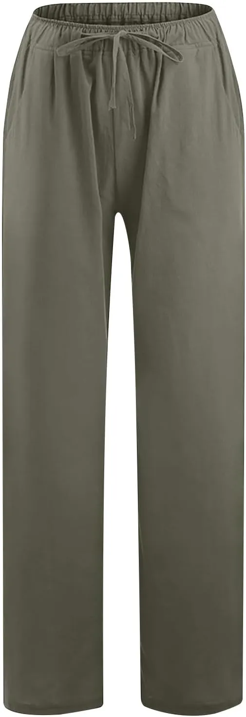 2 Pack Womens Cotton Linen Pants Casual Summer Wide Leg Elastic Waist Trousers Beach Comfy Lounge Slacks with Pockets