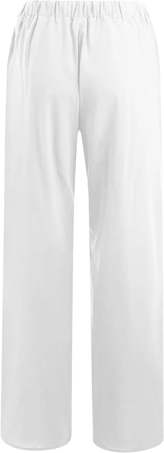 2 Pack Womens Cotton Linen Pants Casual Summer Wide Leg Elastic Waist Trousers Beach Comfy Lounge Slacks with Pockets