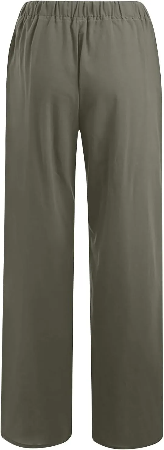 2 Pack Womens Cotton Linen Pants Casual Summer Wide Leg Elastic Waist Trousers Beach Comfy Lounge Slacks with Pockets
