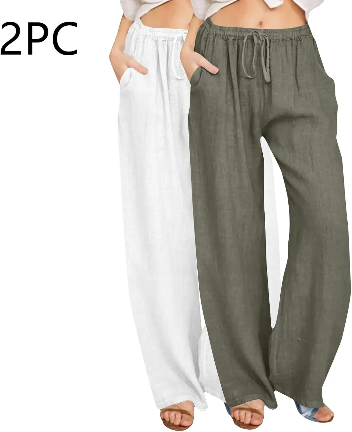 2 Pack Womens Cotton Linen Pants Casual Summer Wide Leg Elastic Waist Trousers Beach Comfy Lounge Slacks with Pockets