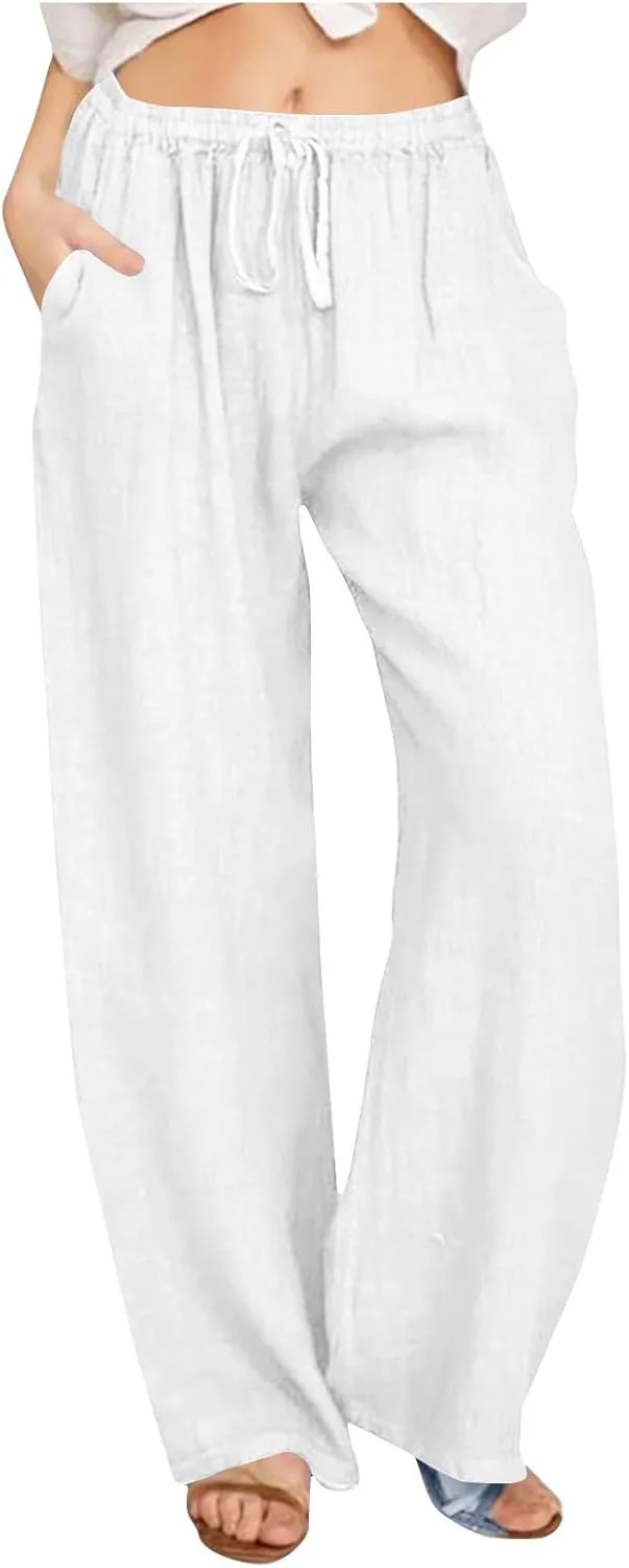 2 Pack Womens Cotton Linen Pants Casual Summer Wide Leg Elastic Waist Trousers Beach Comfy Lounge Slacks with Pockets