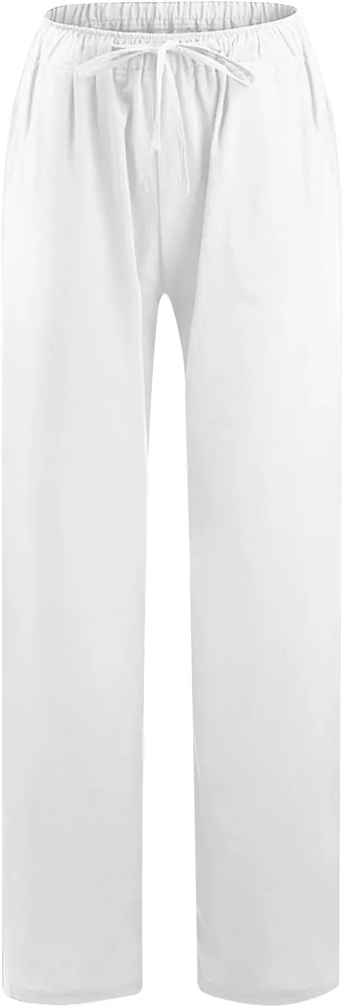 2 Pack Womens Cotton Linen Pants Casual Summer Wide Leg Elastic Waist Trousers Beach Comfy Lounge Slacks with Pockets