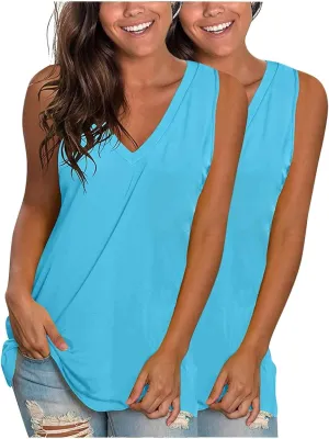 2 Pack Womens Summer Tank Tops Loose Fit Casual Sleeveless T Shirts V Neck Flowy Basic Plain Long Cami Top
