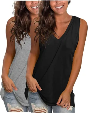 2 Pack Womens Summer Tank Tops Loose Fit Casual Sleeveless T Shirts V Neck Flowy Basic Plain Long Cami Top