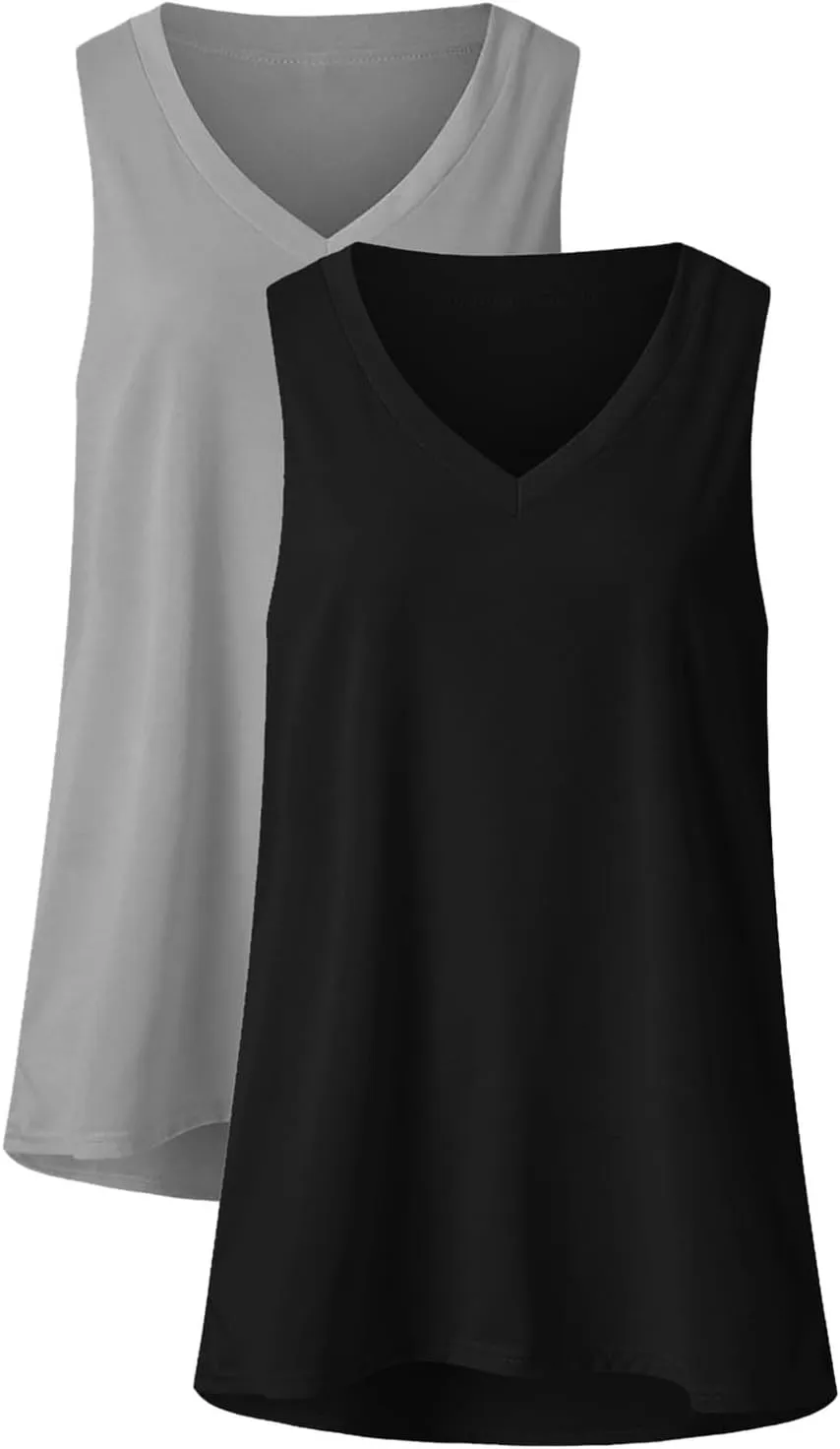 2 Pack Womens Summer Tank Tops Loose Fit Casual Sleeveless T Shirts V Neck Flowy Basic Plain Long Cami Top