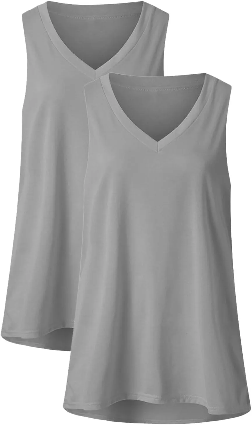 2 Pack Womens Summer Tank Tops Loose Fit Casual Sleeveless T Shirts V Neck Flowy Basic Plain Long Cami Top