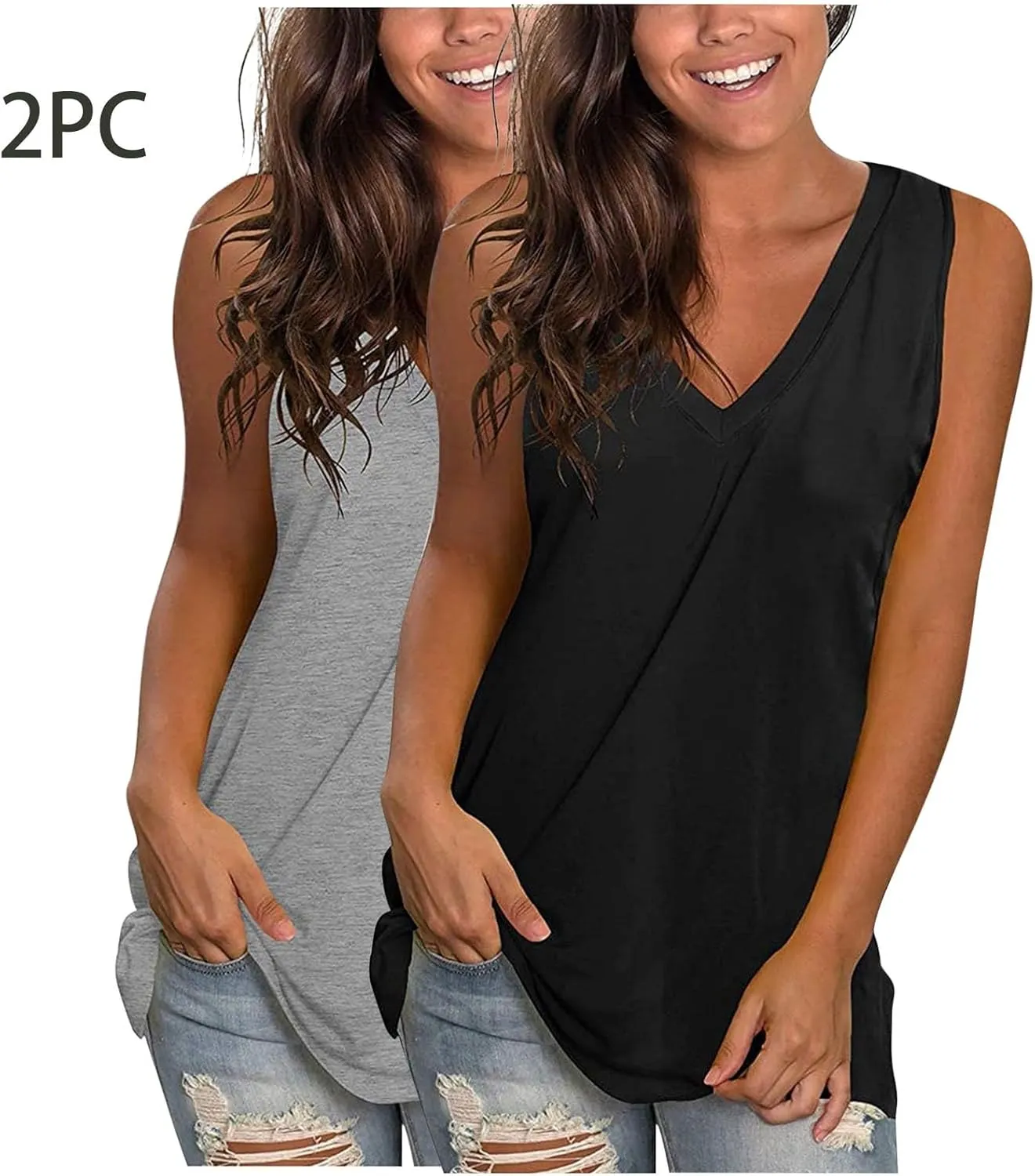 2 Pack Womens Summer Tank Tops Loose Fit Casual Sleeveless T Shirts V Neck Flowy Basic Plain Long Cami Top