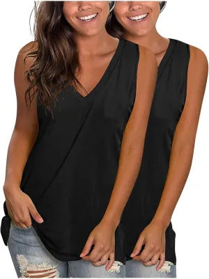 2 Pack Womens Summer Tank Tops Loose Fit Casual Sleeveless T Shirts V Neck Flowy Basic Plain Long Cami Top