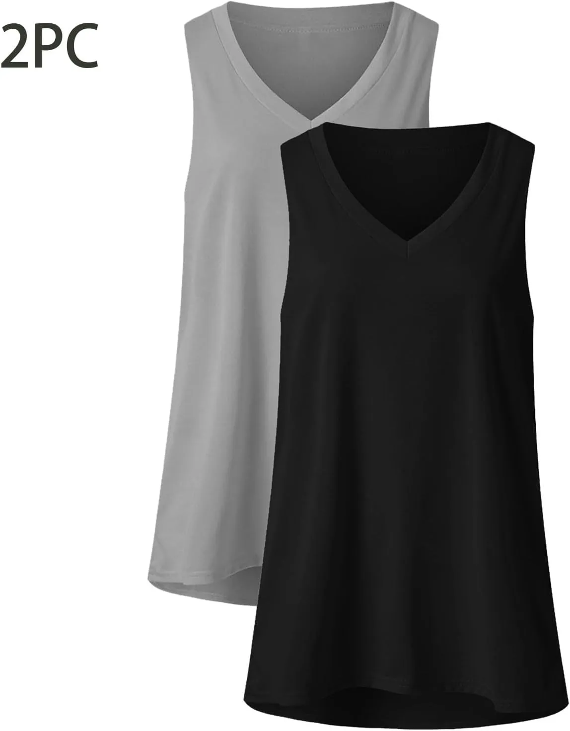 2 Pack Womens Summer Tank Tops Loose Fit Casual Sleeveless T Shirts V Neck Flowy Basic Plain Long Cami Top