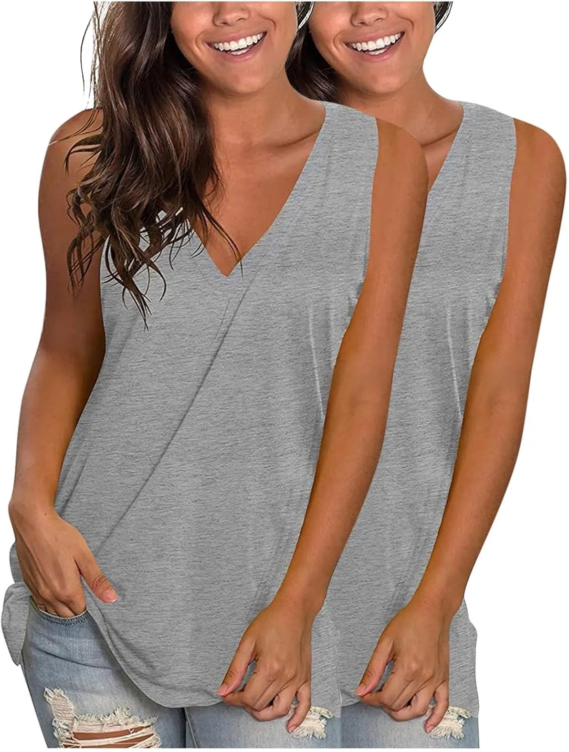 2 Pack Womens Summer Tank Tops Loose Fit Casual Sleeveless T Shirts V Neck Flowy Basic Plain Long Cami Top