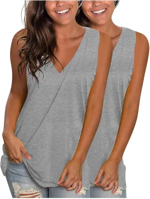 2 Pack Womens Summer Tank Tops Loose Fit Casual Sleeveless T Shirts V Neck Flowy Basic Plain Long Cami Top