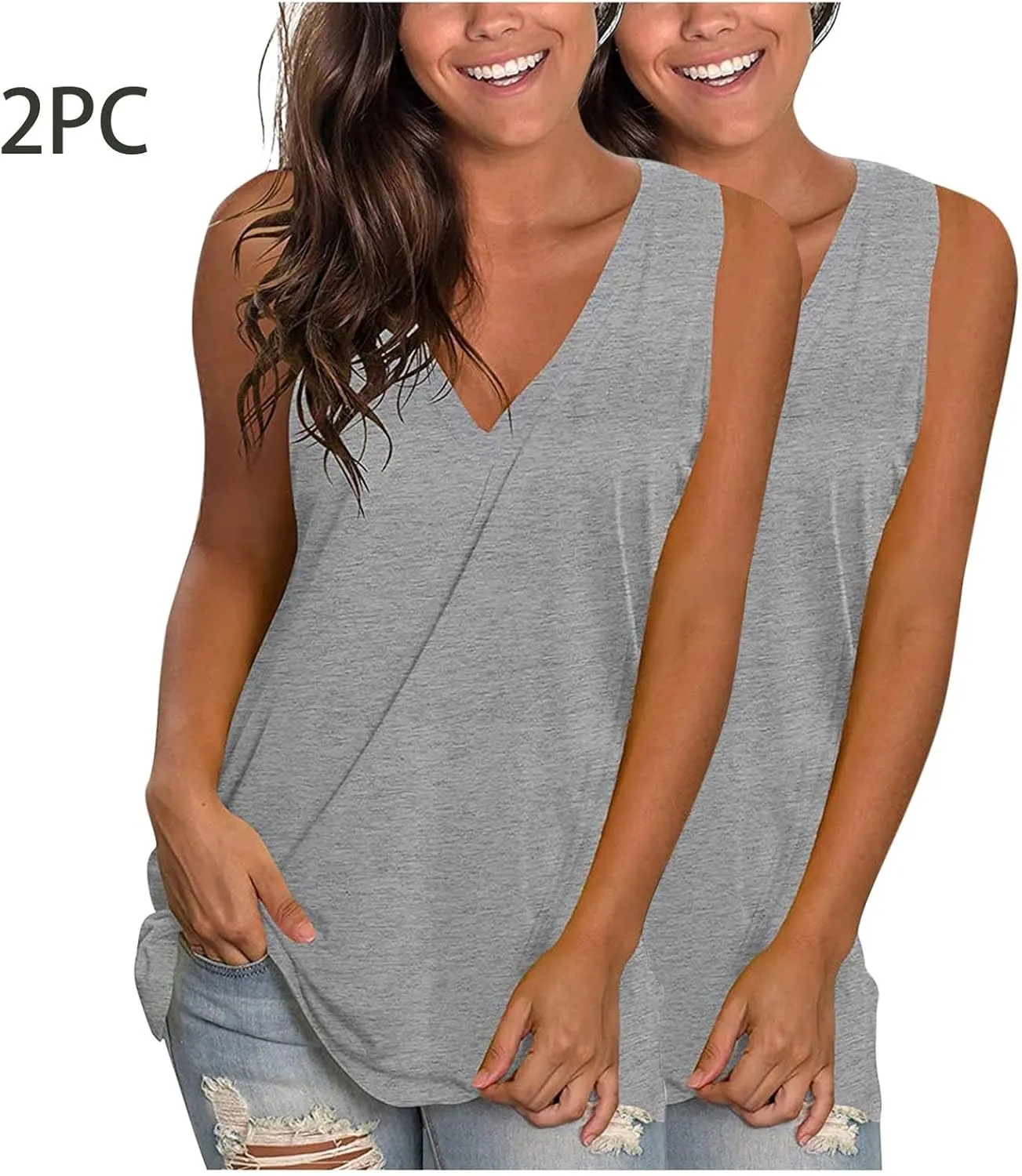 2 Pack Womens Summer Tank Tops Loose Fit Casual Sleeveless T Shirts V Neck Flowy Basic Plain Long Cami Top