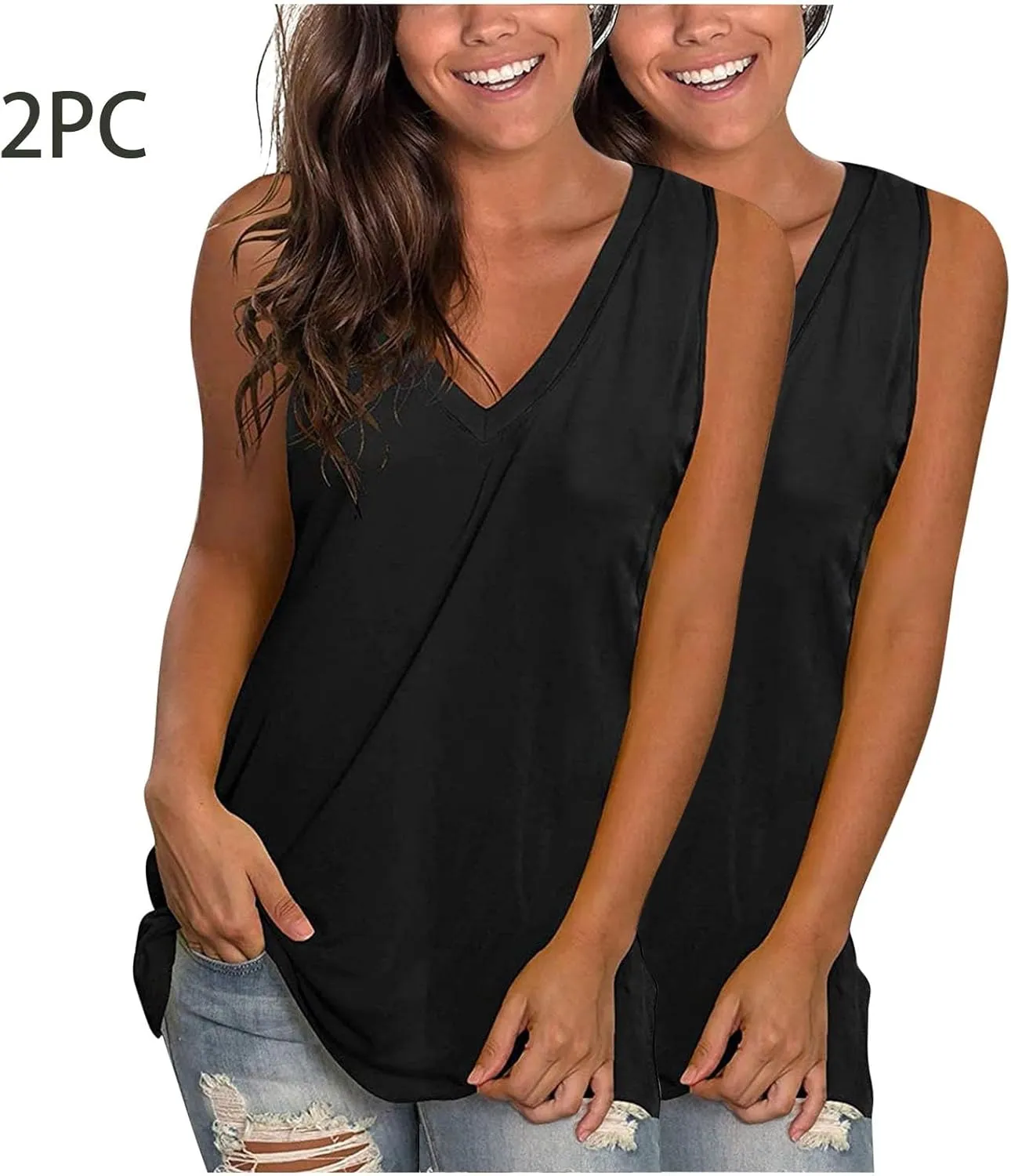 2 Pack Womens Summer Tank Tops Loose Fit Casual Sleeveless T Shirts V Neck Flowy Basic Plain Long Cami Top