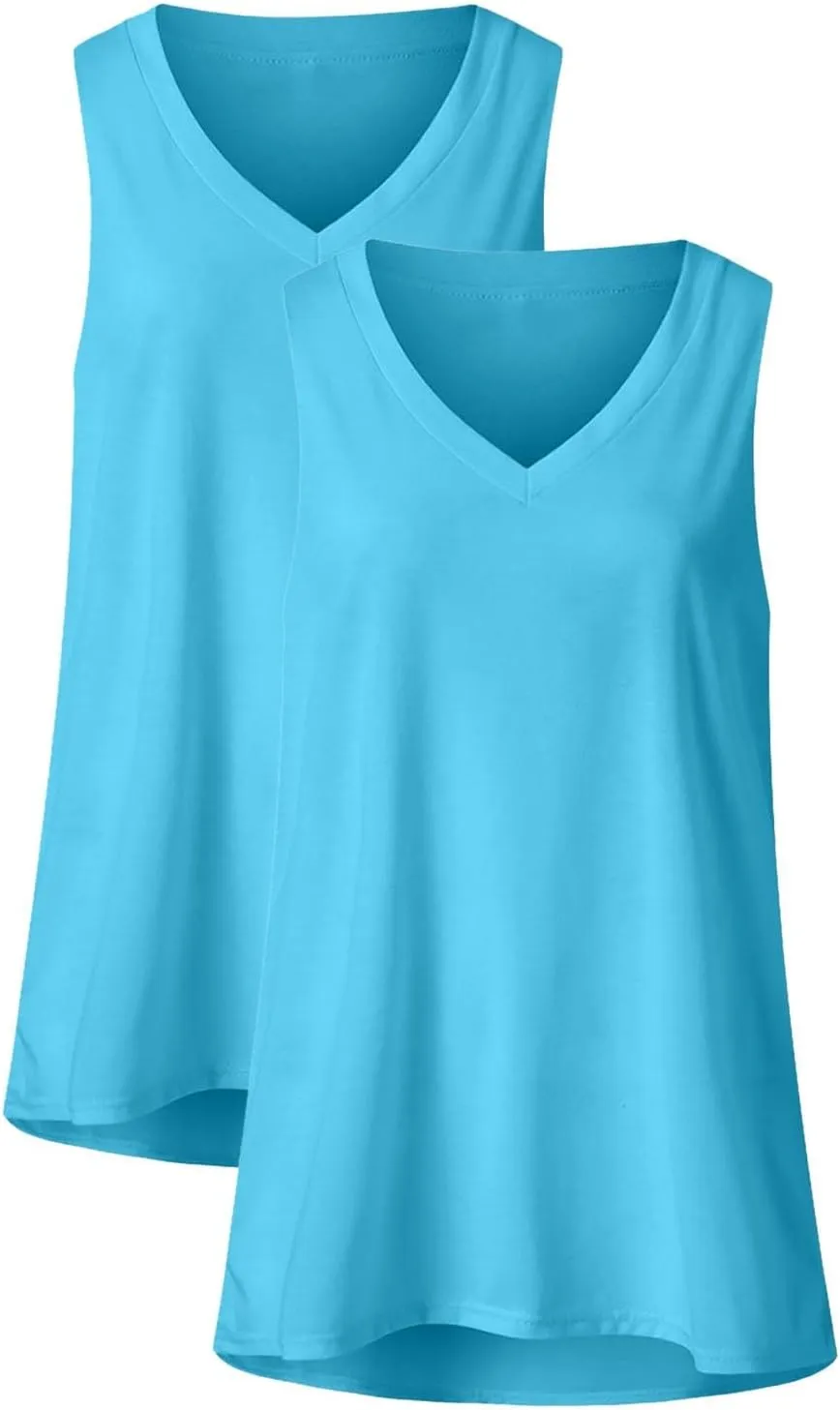 2 Pack Womens Summer Tank Tops Loose Fit Casual Sleeveless T Shirts V Neck Flowy Basic Plain Long Cami Top