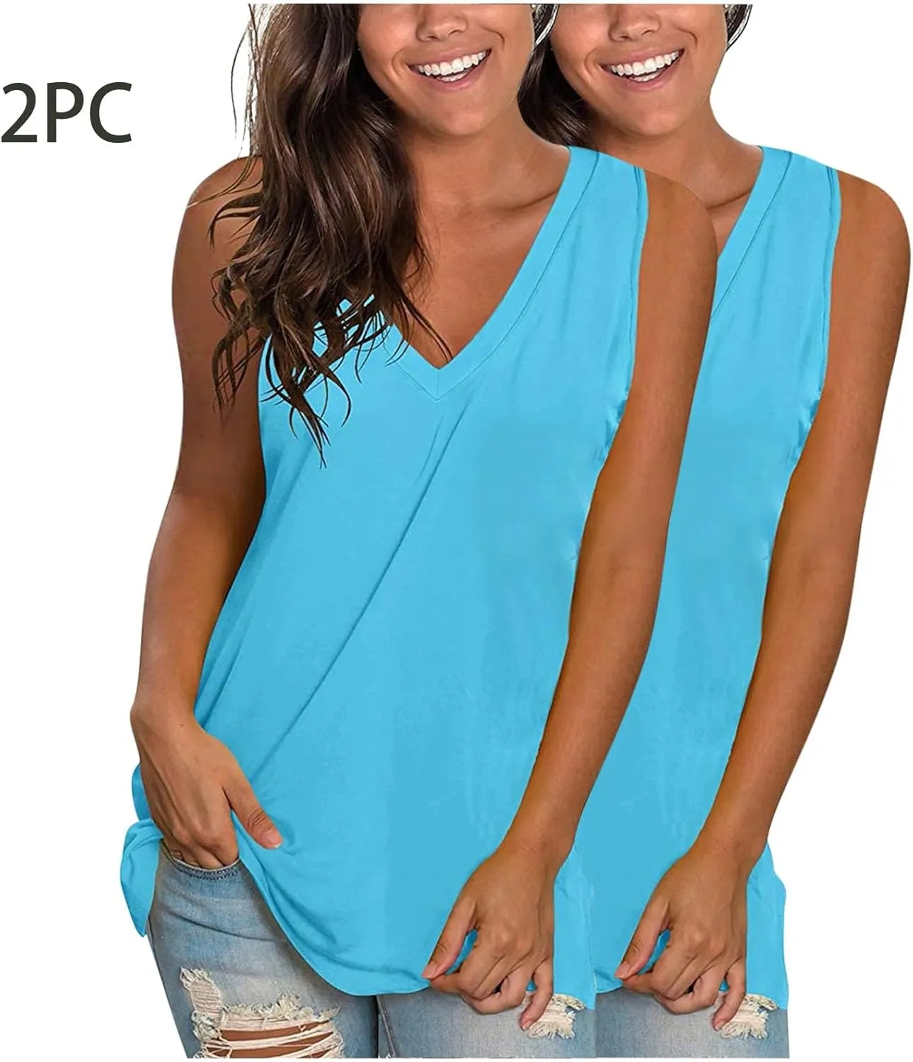 2 Pack Womens Summer Tank Tops Loose Fit Casual Sleeveless T Shirts V Neck Flowy Basic Plain Long Cami Top