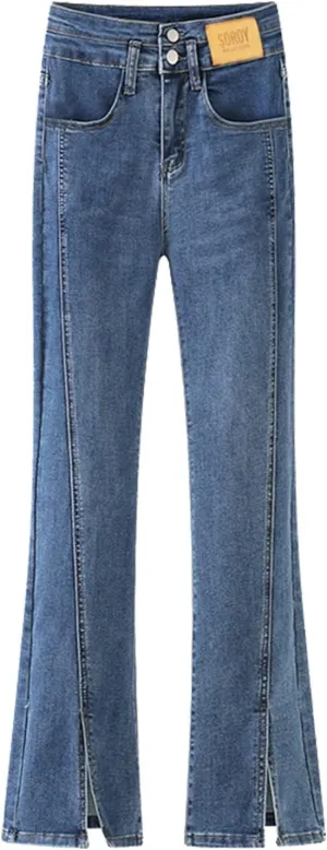 2024 Trendy Womens Flare Jeans High Waisted Wide Leg Baggy Jean Split Hem Stretch Bell Bottom Denim Pants with Pockets
