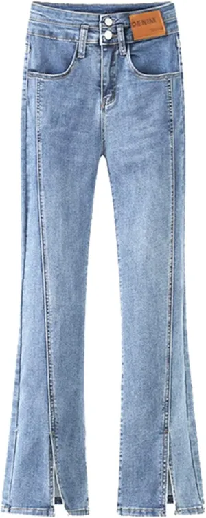 2024 Trendy Womens Flare Jeans High Waisted Wide Leg Baggy Jean Split Hem Stretch Bell Bottom Denim Pants with Pockets