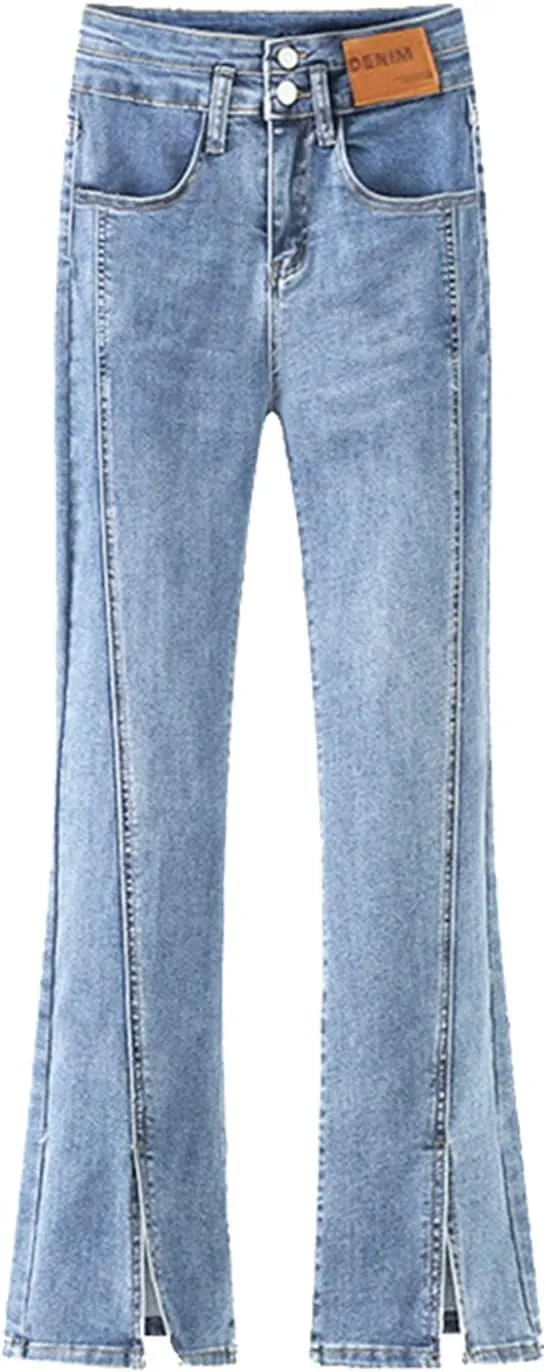 2024 Trendy Womens Flare Jeans High Waisted Wide Leg Baggy Jean Split Hem Stretch Bell Bottom Denim Pants with Pockets