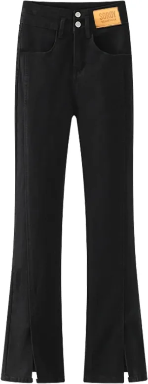 2024 Trendy Womens Flare Jeans High Waisted Wide Leg Baggy Jean Split Hem Stretch Bell Bottom Denim Pants with Pockets