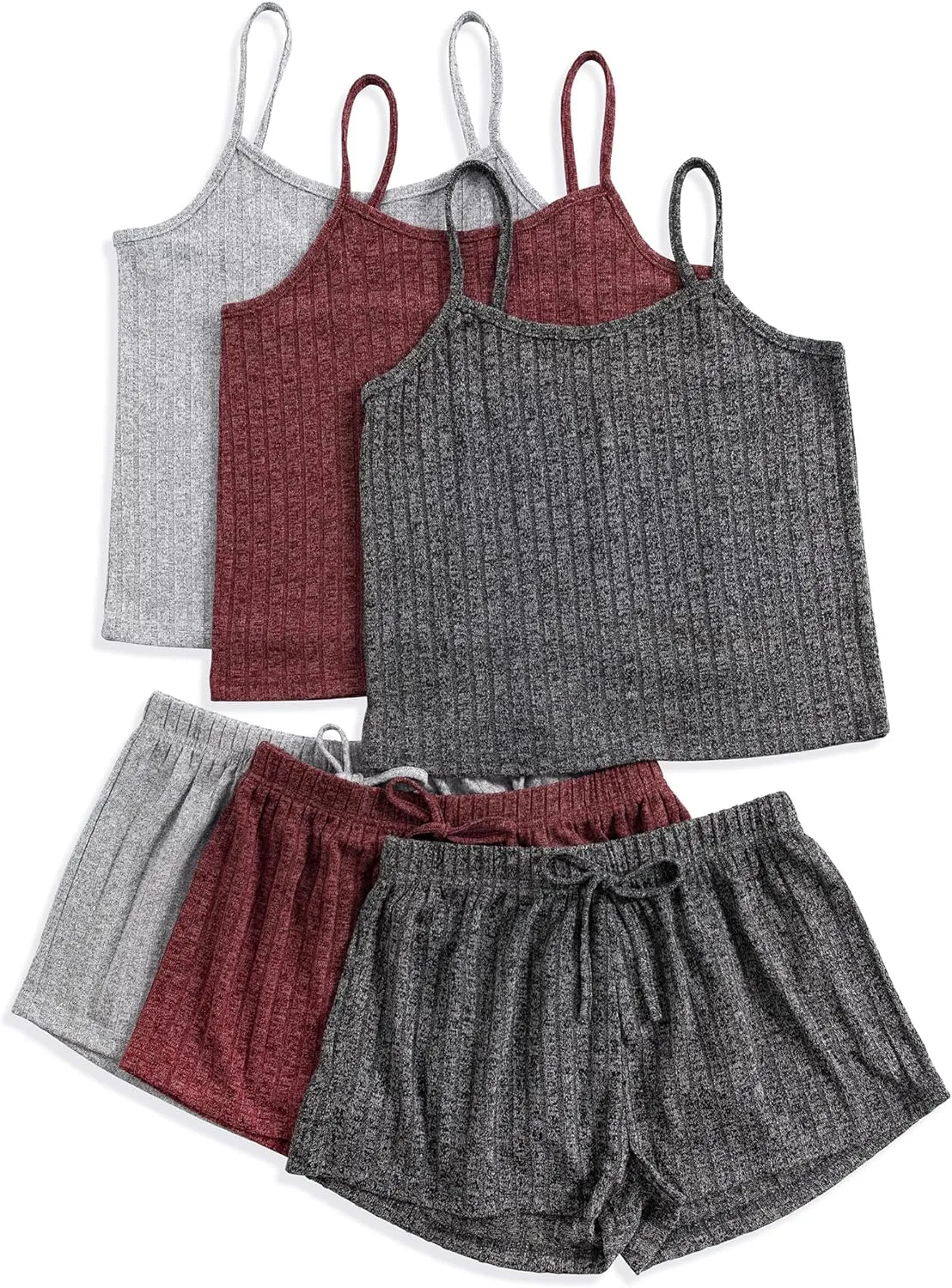 3 Sets for Women Ribbed Pajamas Set Crop Cami Top and Tie Front Shorts Lounge Set Sleeveless Button Pjs Sleepwear