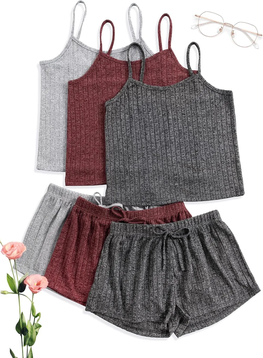 3 Sets for Women Ribbed Pajamas Set Crop Cami Top and Tie Front Shorts Lounge Set Sleeveless Button Pjs Sleepwear