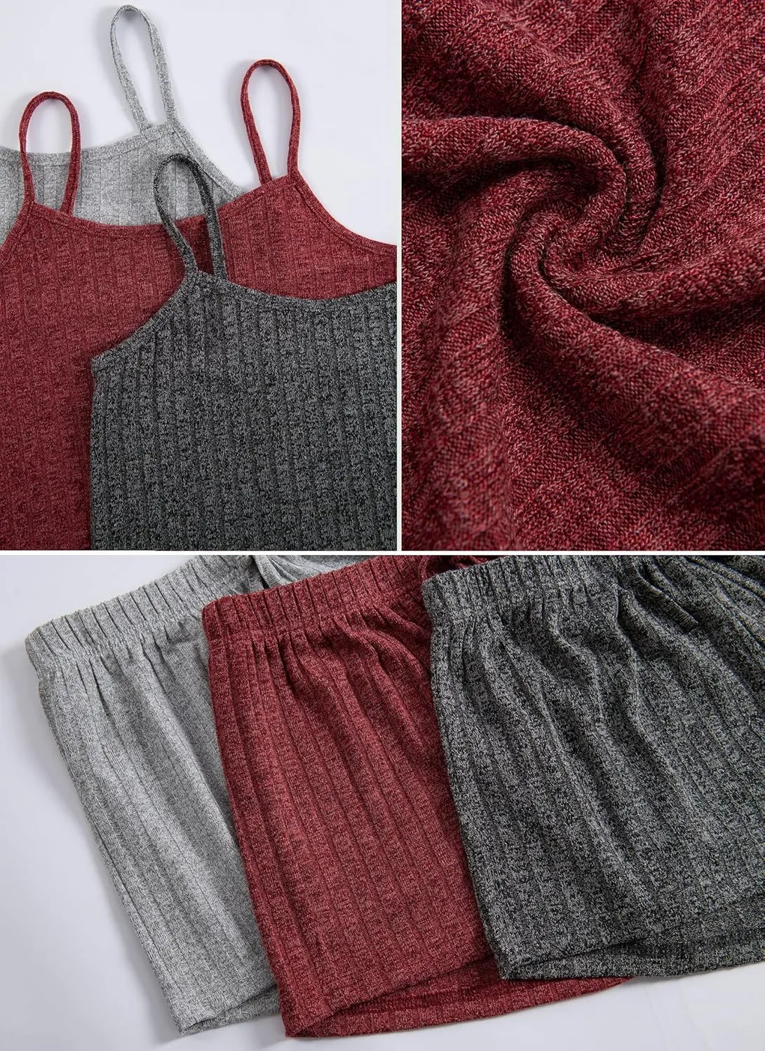 3 Sets for Women Ribbed Pajamas Set Crop Cami Top and Tie Front Shorts Lounge Set Sleeveless Button Pjs Sleepwear