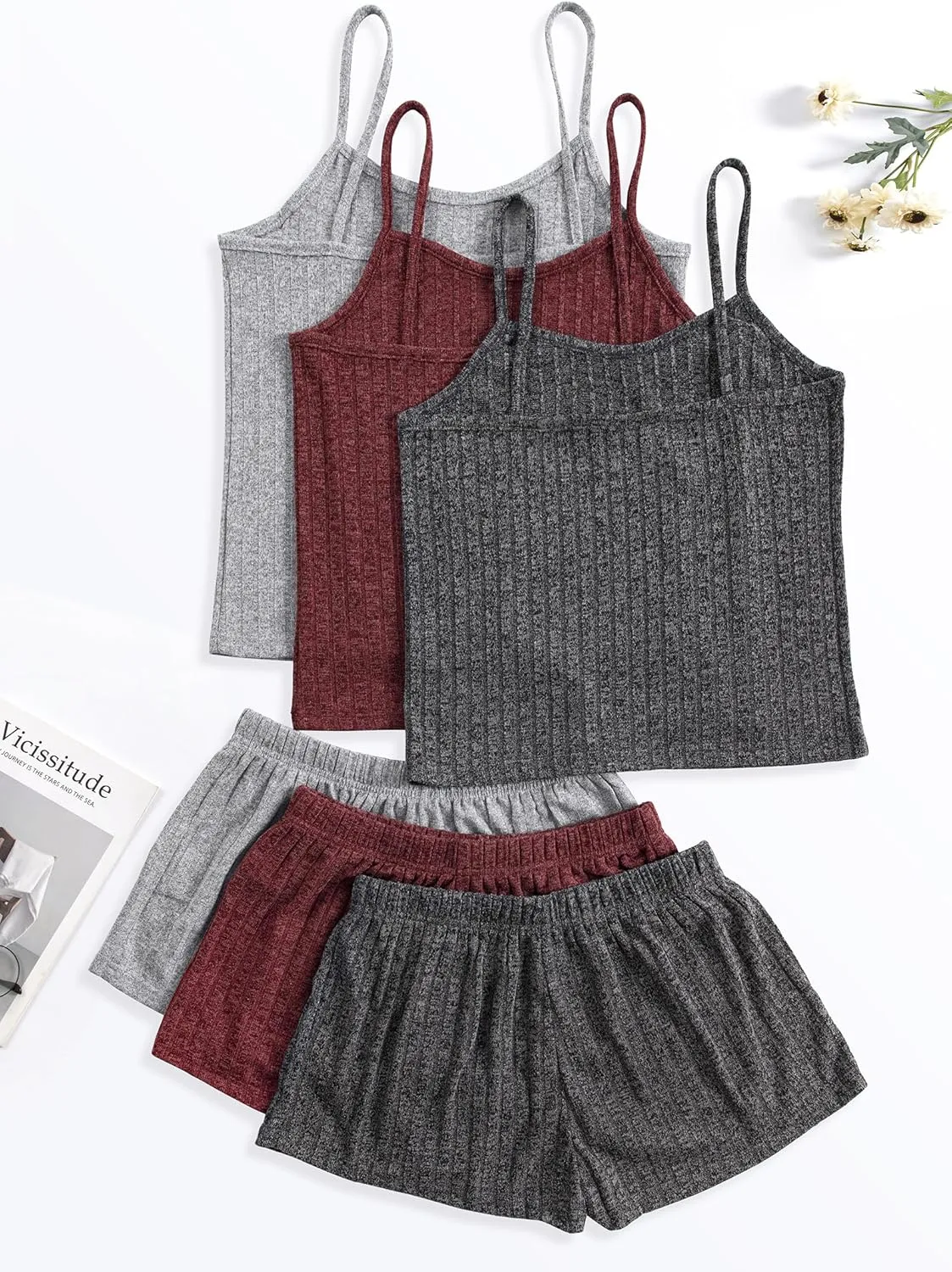 3 Sets for Women Ribbed Pajamas Set Crop Cami Top and Tie Front Shorts Lounge Set Sleeveless Button Pjs Sleepwear