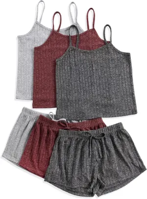 3 Sets for Women Ribbed Pajamas Set Crop Cami Top and Tie Front Shorts Lounge Set Sleeveless Button Pjs Sleepwear