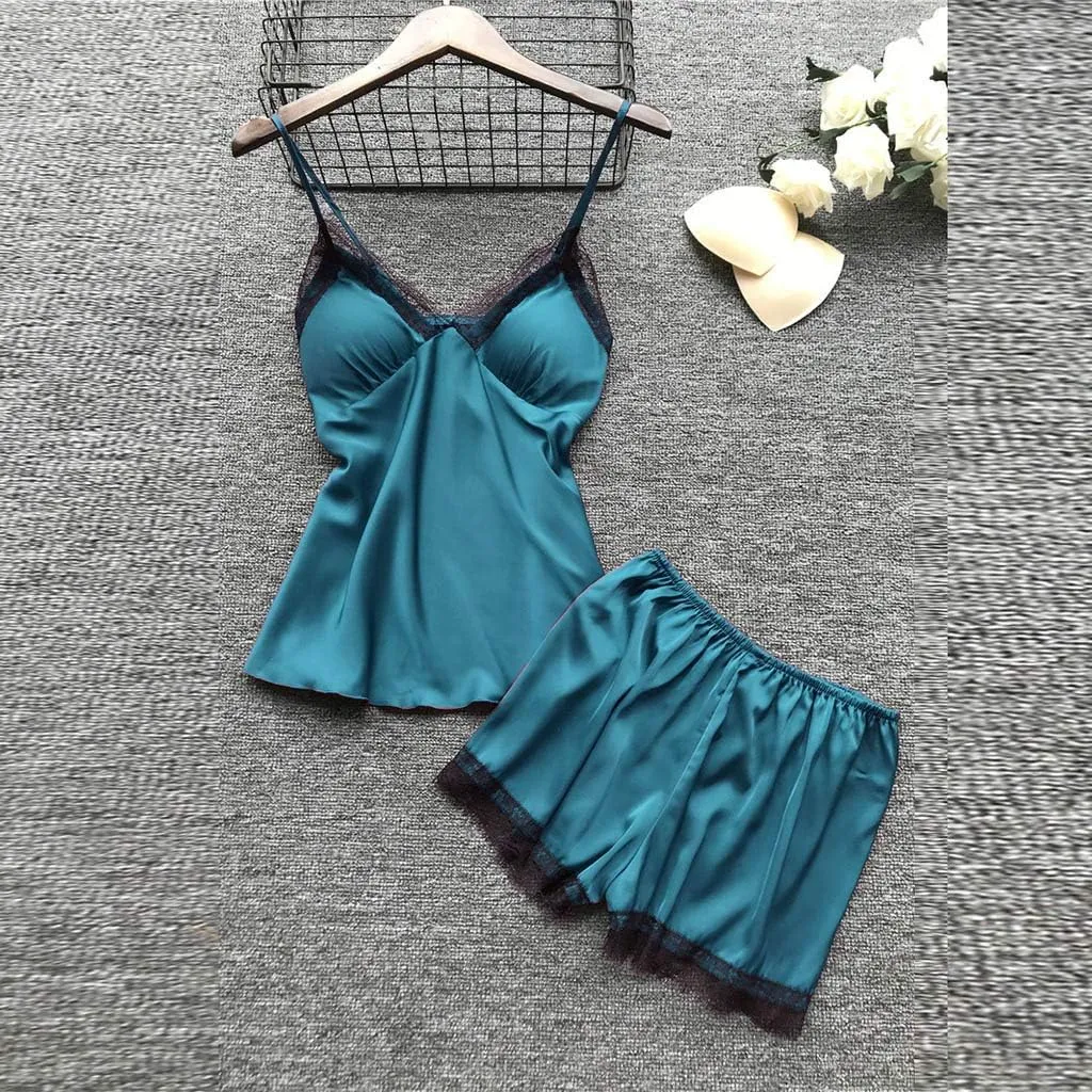 4Pcs Silk Satin Pajama Set for Women Sexy Lace Trim Cami Top Lingerie Dress and Shorts with Robe Soft Comfy Sleepwear