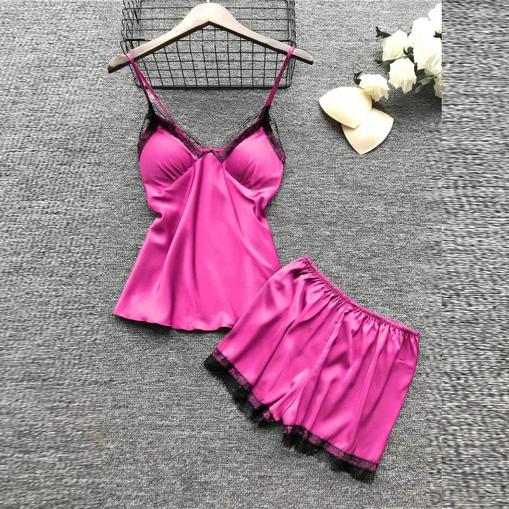 4Pcs Silk Satin Pajama Set for Women Sexy Lace Trim Cami Top Lingerie Dress and Shorts with Robe Soft Comfy Sleepwear