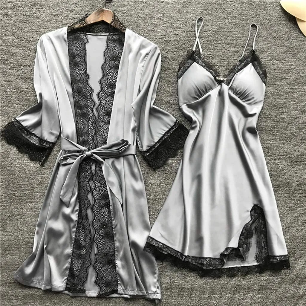 4Pcs Silk Satin Pajama Set for Women Sexy Lace Trim Cami Top Lingerie Dress and Shorts with Robe Soft Comfy Sleepwear