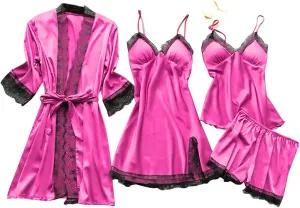 4Pcs Silk Satin Pajama Set for Women Sexy Lace Trim Cami Top Lingerie Dress and Shorts with Robe Soft Comfy Sleepwear