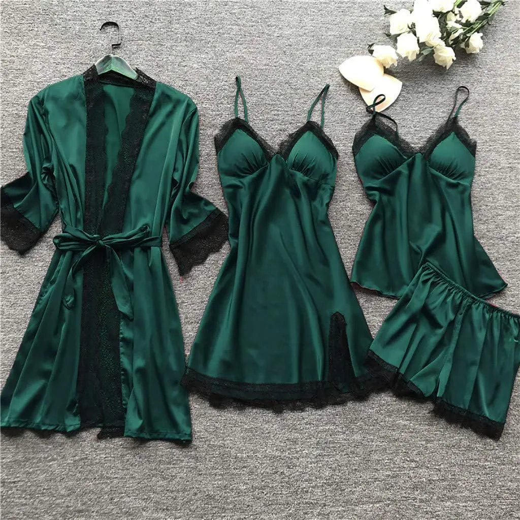4Pcs Silk Satin Pajama Set for Women Sexy Lace Trim Cami Top Lingerie Dress and Shorts with Robe Soft Comfy Sleepwear