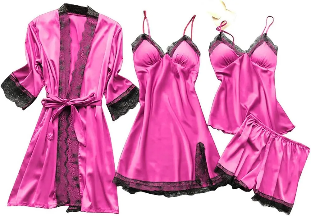 4Pcs Silk Satin Pajama Set for Women Sexy Lace Trim Cami Top Lingerie Dress and Shorts with Robe Soft Comfy Sleepwear