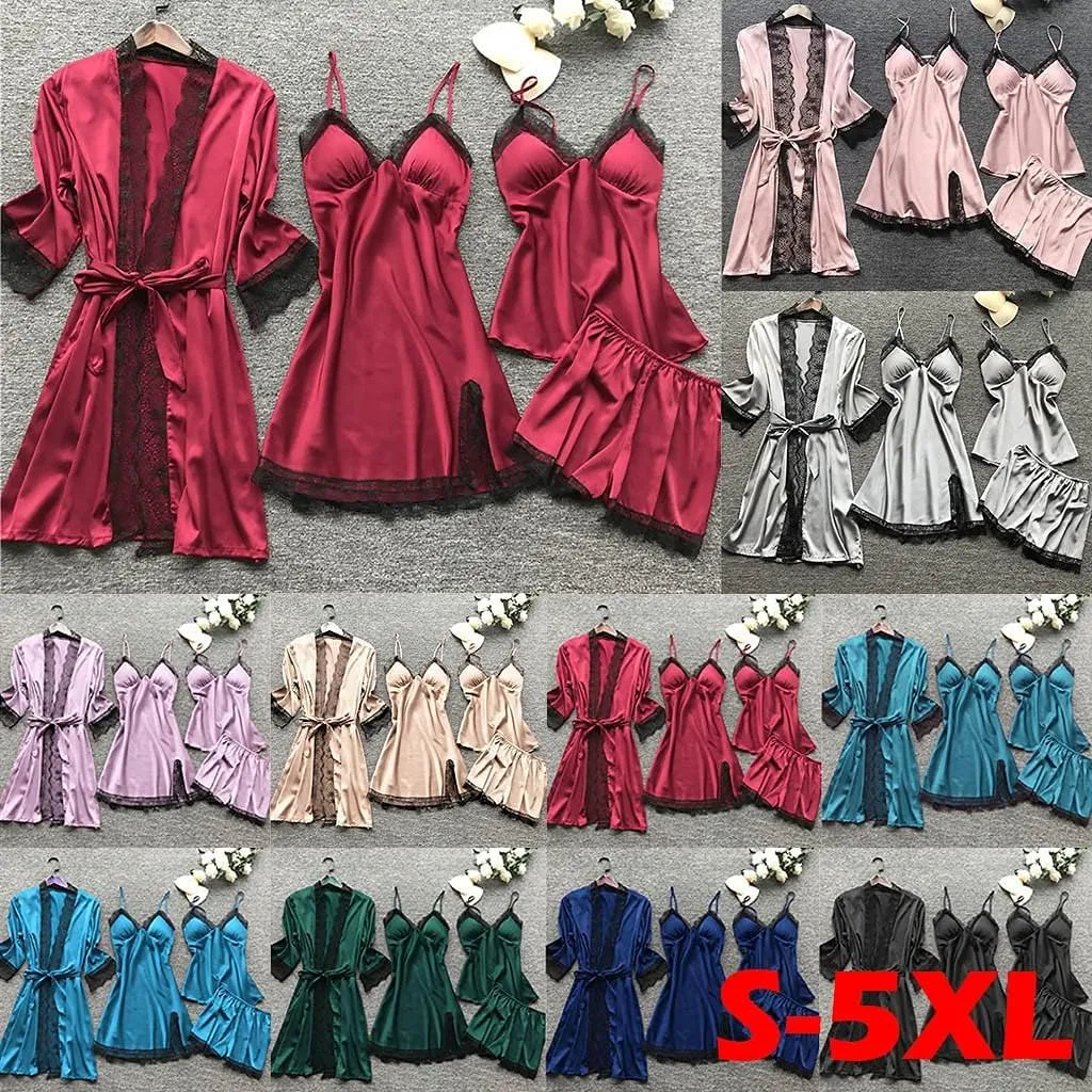 4Pcs Silk Satin Pajama Set for Women Sexy Lace Trim Cami Top Lingerie Dress and Shorts with Robe Soft Comfy Sleepwear