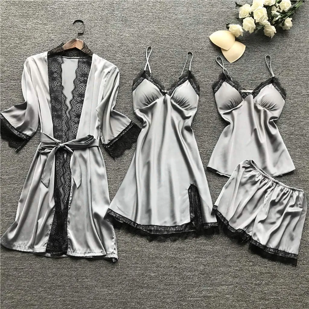 4Pcs Silk Satin Pajama Set for Women Sexy Lace Trim Cami Top Lingerie Dress and Shorts with Robe Soft Comfy Sleepwear