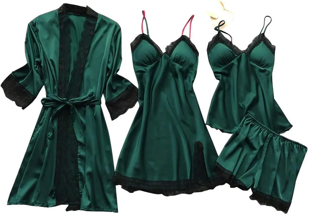 4Pcs Silk Satin Pajama Set for Women Sexy Lace Trim Cami Top Lingerie Dress and Shorts with Robe Soft Comfy Sleepwear