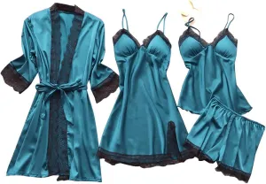 4Pcs Silk Satin Pajama Set for Women Sexy Lace Trim Cami Top Lingerie Dress and Shorts with Robe Soft Comfy Sleepwear