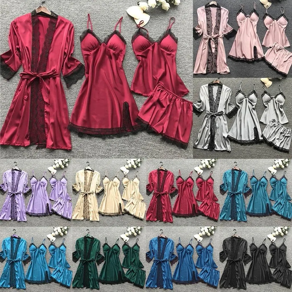 4Pcs Silk Satin Pajama Set for Women Sexy Lace Trim Cami Top Lingerie Dress and Shorts with Robe Soft Comfy Sleepwear