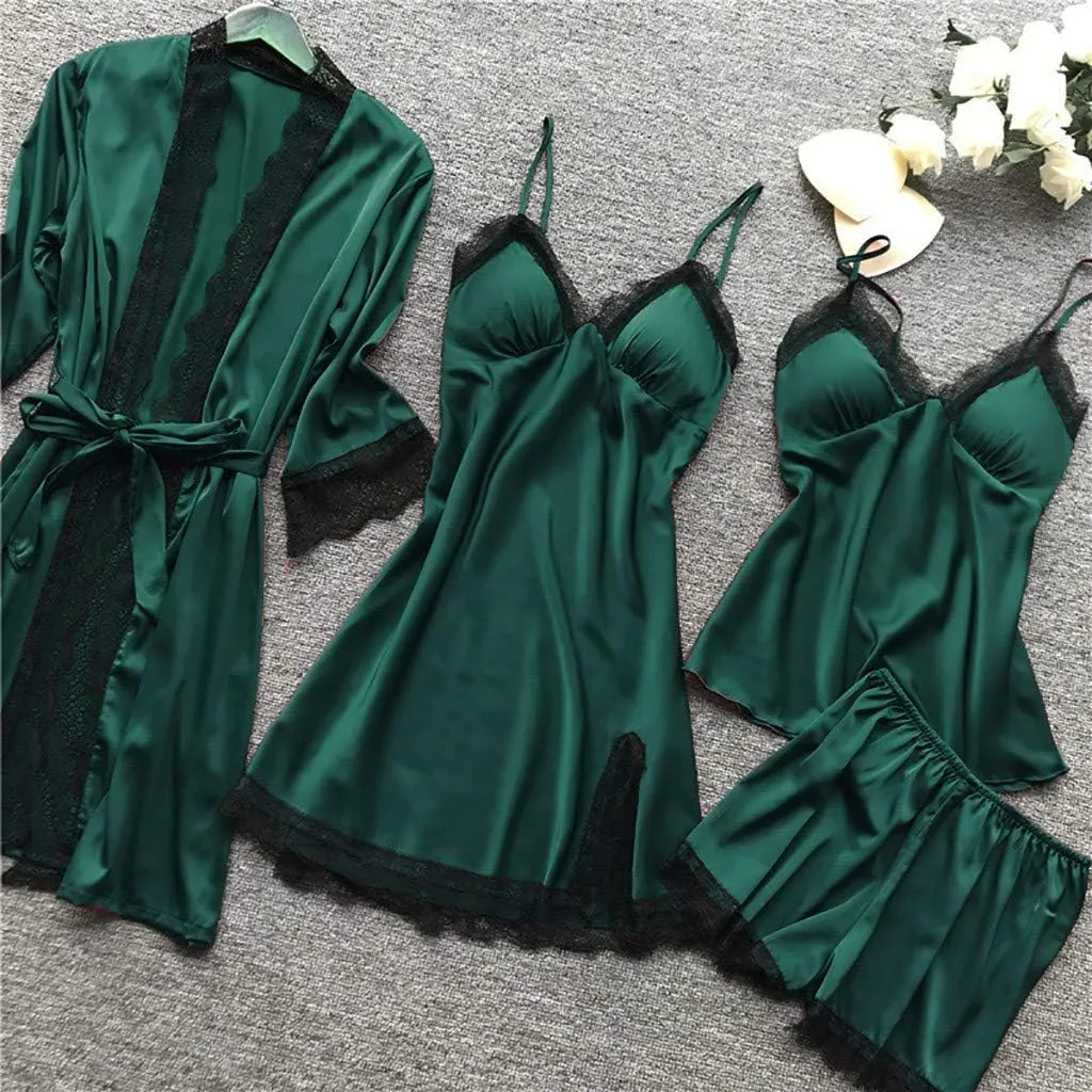 4Pcs Silk Satin Pajama Set for Women Sexy Lace Trim Cami Top Lingerie Dress and Shorts with Robe Soft Comfy Sleepwear