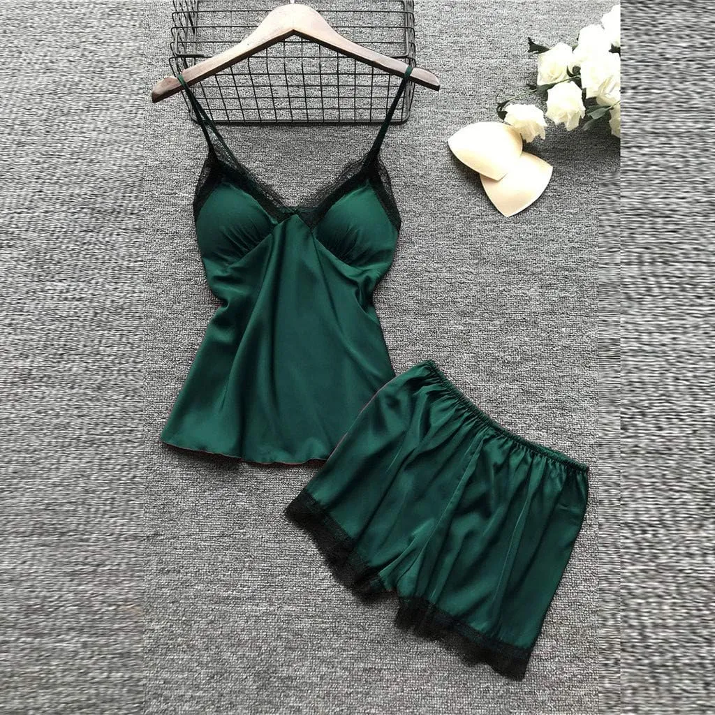 4Pcs Silk Satin Pajama Set for Women Sexy Lace Trim Cami Top Lingerie Dress and Shorts with Robe Soft Comfy Sleepwear