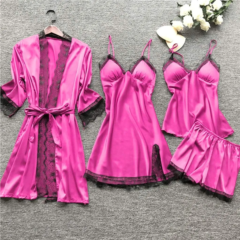 4Pcs Silk Satin Pajama Set for Women Sexy Lace Trim Cami Top Lingerie Dress and Shorts with Robe Soft Comfy Sleepwear