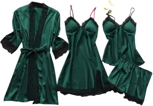 4Pcs Silk Satin Pajama Set for Women Sexy Lace Trim Cami Top Lingerie Dress and Shorts with Robe Soft Comfy Sleepwear
