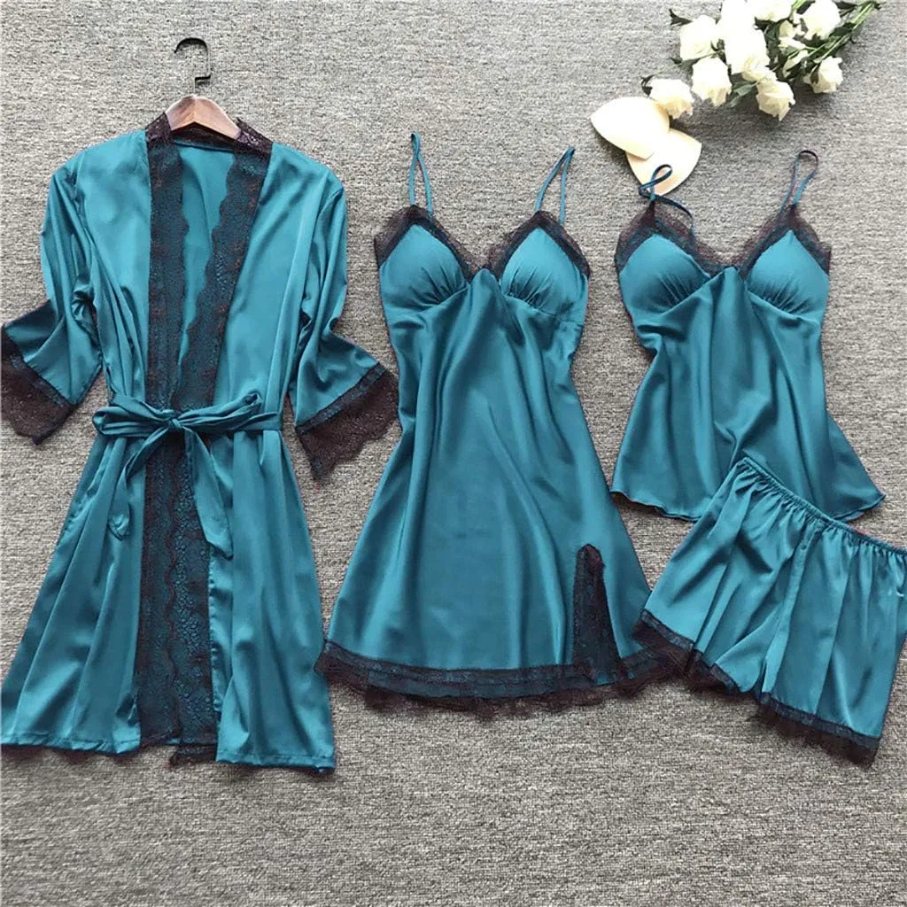 4Pcs Silk Satin Pajama Set for Women Sexy Lace Trim Cami Top Lingerie Dress and Shorts with Robe Soft Comfy Sleepwear