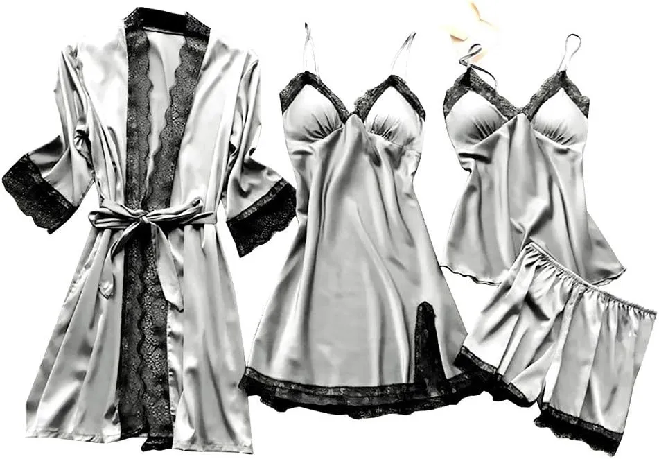 4Pcs Silk Satin Pajama Set for Women Sexy Lace Trim Cami Top Lingerie Dress and Shorts with Robe Soft Comfy Sleepwear