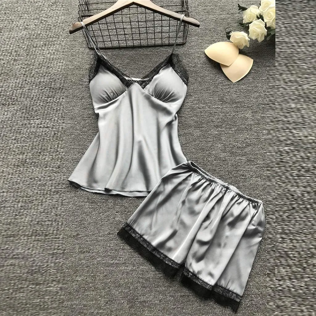 4Pcs Silk Satin Pajama Set for Women Sexy Lace Trim Cami Top Lingerie Dress and Shorts with Robe Soft Comfy Sleepwear