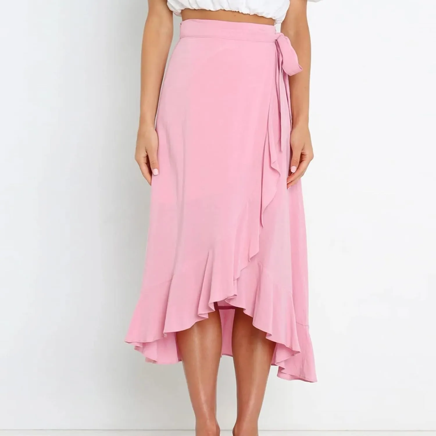 A Line Skirt for Women Elegant Flowy Ruffle Hip-Wrapped Skirts Lace up Irregular Skirt Fashion Solid Color Skirts